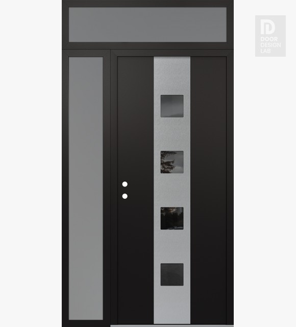 Modern Steel Front Door DIAMOND A12 48" X 96" BLACK/BLACK MIRRORED GLASS PANEL STAINLESS STEEL RHI WITH SIDELITE AND TRANSOM FROSTED GLASS