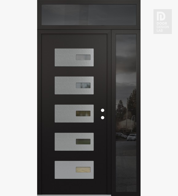 Modern Steel Front Door Diamond D7 50" x 96" black/black clear Glass Panel stainless steel LHI with Sidelite and Transom mirrored Glass