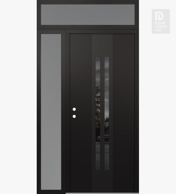 Modern Steel Front Door DIAMOND A8 48" X 96" BLACK/BLACK MIRRORED GLASS PANEL BLACK RHI WITH SIDELITE AND TRANSOM FROSTED GLASS