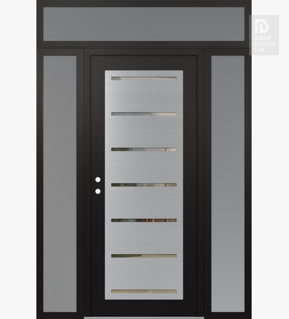 Modern Steel Front Door Diamond C11 60" x 96" black/black clear Glass Panel stainless steel RHI with 2 Sidelites and Transom frosted Glass