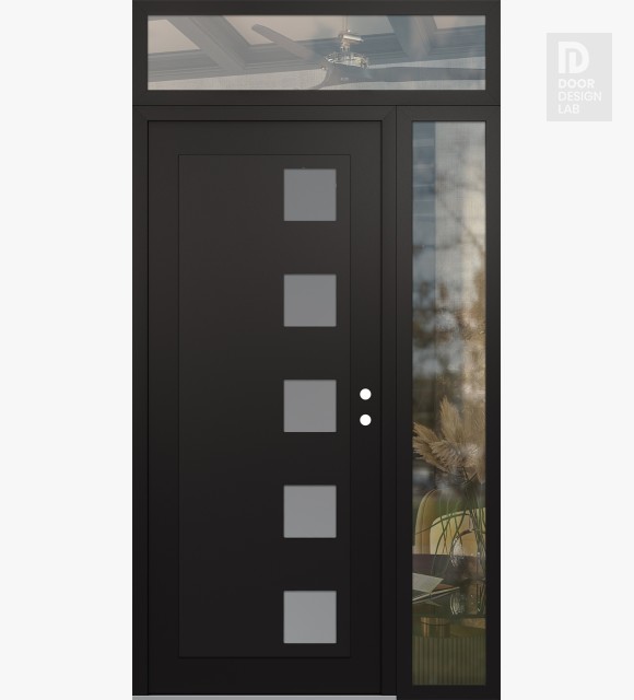Modern Steel Front Door Diamond C5 50" x 96" black/white frosted Glass Panel black LHI with Sidelite and Transom clear Glass