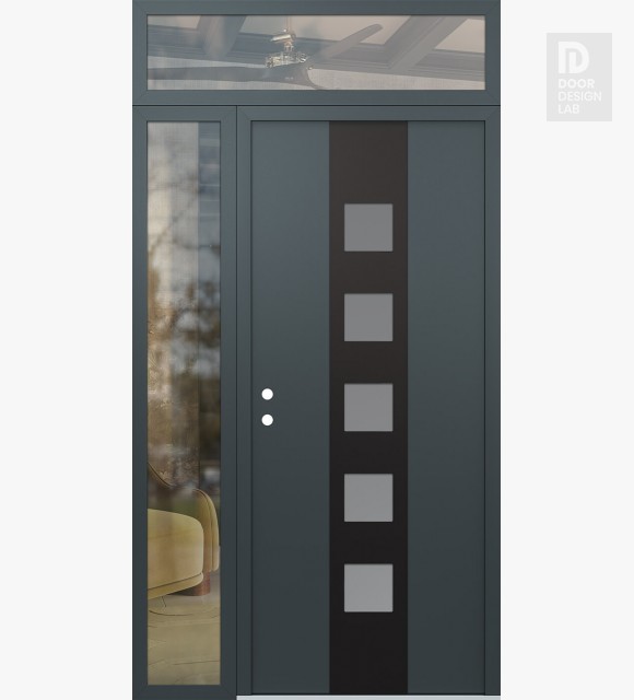 Modern Steel Front Door DIAMOND A13 50" X 96" ANTHRACITE/ANTHRACITE FROSTED GLASS PANEL BLACK RHI WITH SIDELITE AND TRANSOM CLEAR GLASS