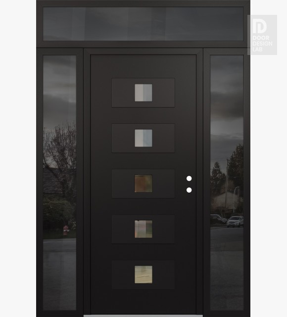 Modern Steel Front Door Diamond D8 60" x 96" black/black clear Glass Panel black LHI with 2 Sidelites and Transom mirrored Glass
