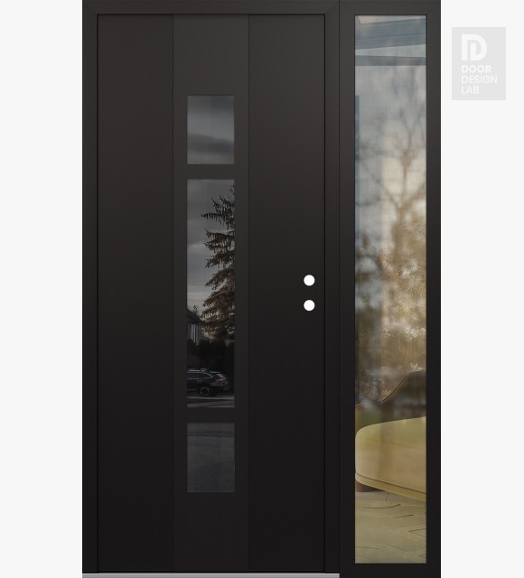 Modern Steel Front Door DIAMOND A9 48" X 80" BLACK/BLACK MIRRORED GLASS PANEL BLACK LHI WITH SIDELITE CLEAR GLASS