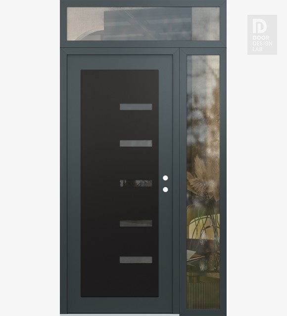 Modern Steel Front Door Diamond C8 50" x 96" anthracite/anthracite mirrored Glass Panel black LHI with Sidelite and Transom clear Glass