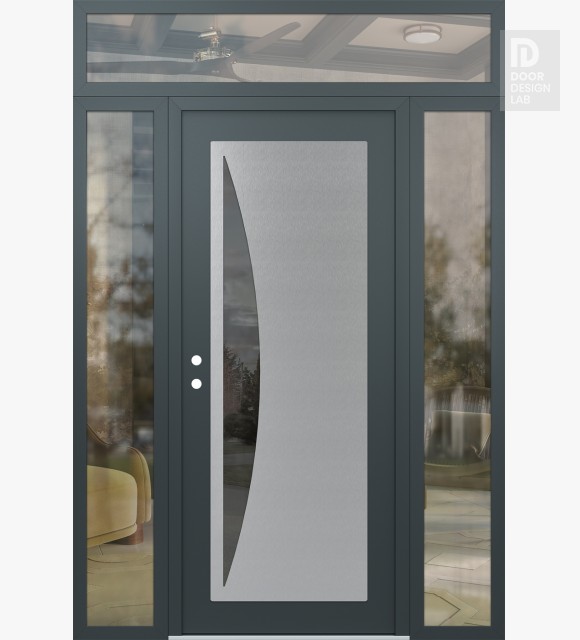 Modern Steel Front Door Diamond C13 68" x 96" anthracite/anthracite mirrored Glass Panel stainless steel RHI with 2 Sidelites and Transom clear Glass