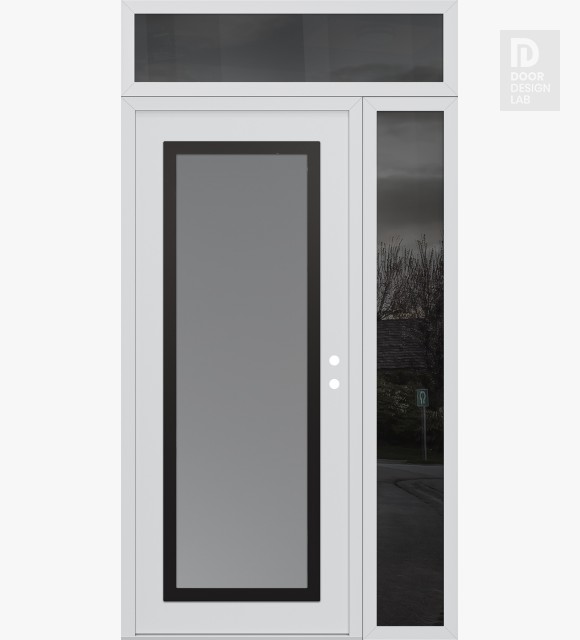 Modern Steel Front Door Diamond C1 48" x 96" white/white frosted Glass Panel black LHI with Sidelite and Transom mirrored Glass