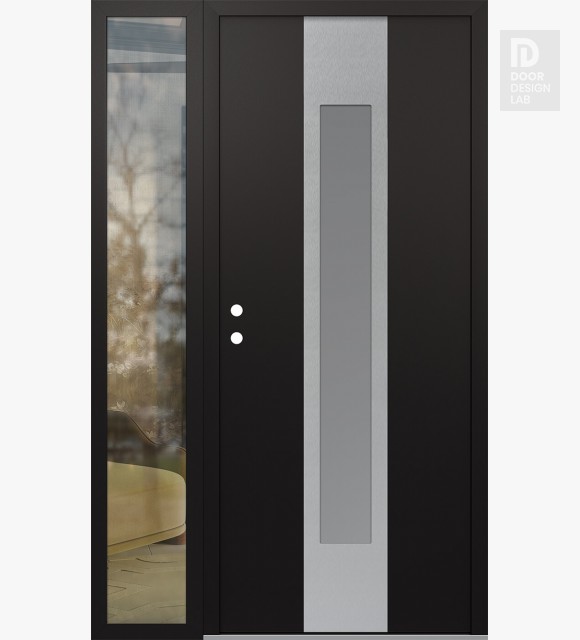 Modern Steel Front Door DIAMOND A1 50" X 80" BLACK/WHITE FROSTED GLASS PANEL STAINLESS STEEL RHI WITH SIDELITE CLEAR GLASS