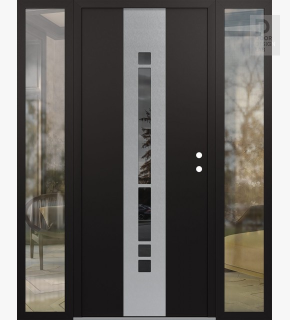 Modern Steel Front Door DIAMOND A3 64" X 80" BLACK/BLACK MIRRORED GLASS PANEL STAINLESS STEEL LHI WITH 2 SIDELITES CLEAR GLASS