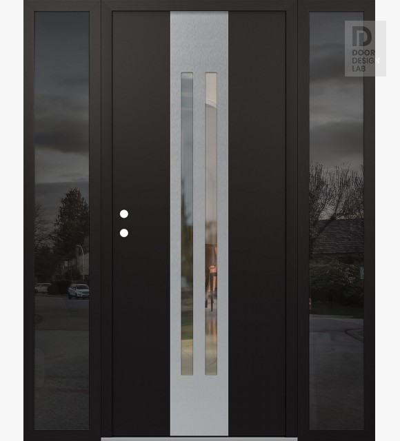 Modern Steel Front Door DIAMOND A8 68" X 80" BLACK/BLACK CLEAR GLASS PANEL STAINLESS STEEL RHI WITH 2 SIDELITES MIRRORED GLASS