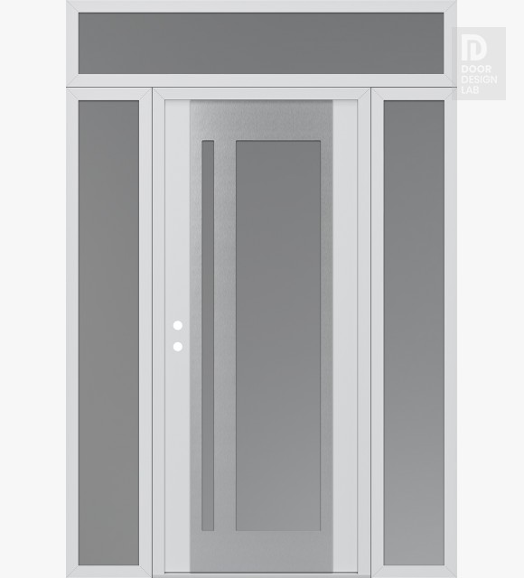 Modern Steel Front Door Diamond C15 64" x 96" white/white frosted Glass Panel stainless steel RHI with 2 Sidelites and Transom frosted Glass