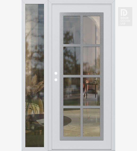 Modern Steel Front Door Diamond C16 48" x 80" white/white clear Glass Panel stainless steel RHI with Sidelite clear Glass