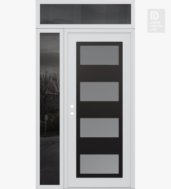 Modern Steel Front Door Diamond C2 48" x 96" white/white frosted Glass Panel black RHI with Sidelite and Transom mirrored Glass