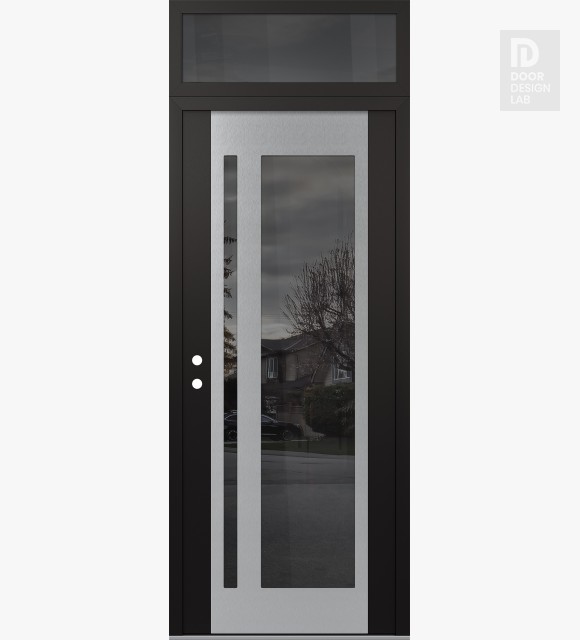 Modern Steel Front Door Diamond C15 36" x 96" black/black mirrored Glass Panel stainless steel RHI with Transom mirrored Glass