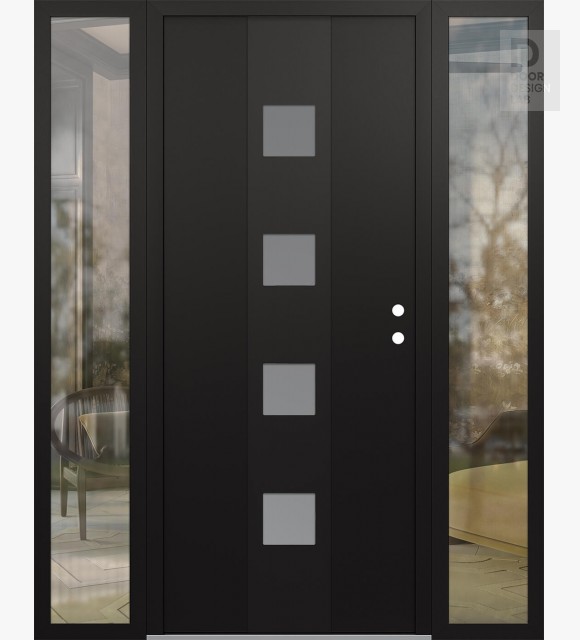 Modern Steel Front Door DIAMOND A12 60" X 80" BLACK/WHITE FROSTED GLASS PANEL BLACK LHI WITH 2 SIDELITES CLEAR GLASS