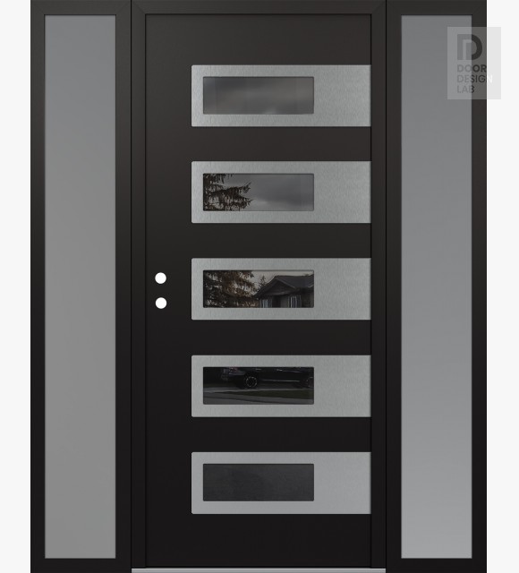 Modern Steel Front Door Diamond D3 64" x 80" black/black mirrored Glass Panel stainless steel RHI with 2 Sidelites frosted Glass