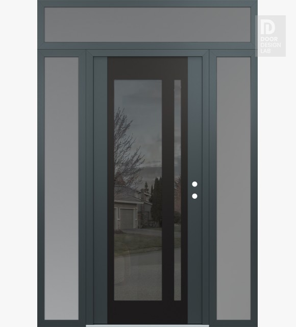 Modern Steel Front Door Diamond C15 64" x 96" anthracite/anthracite mirrored Glass Panel black LHI with 2 Sidelites and Transom frosted Glass