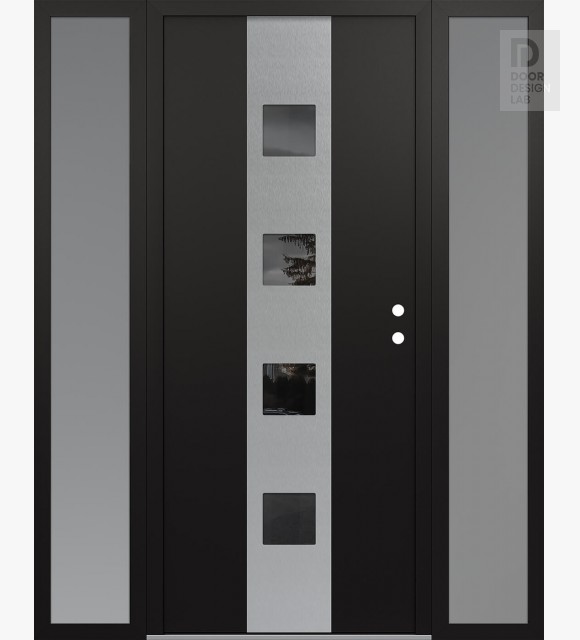 Modern Steel Front Door DIAMOND A12 68" X 80" BLACK/BLACK MIRRORED GLASS PANEL STAINLESS STEEL LHI WITH 2 SIDELITES FROSTED GLASS