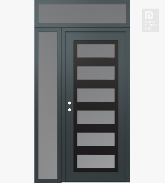 Modern Steel Front Door Diamond C9 52" x 96" anthracite/anthracite frosted Glass Panel black RHI with Sidelite and Transom frosted Glass