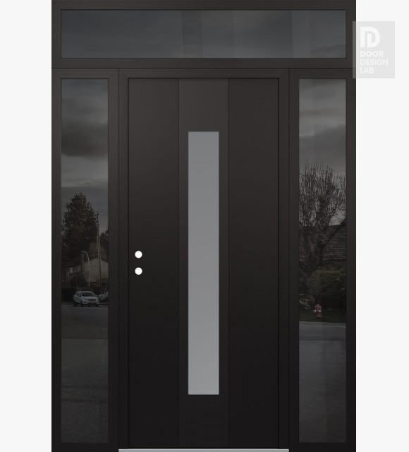 Modern Steel Front Door DIAMOND A1 60" X 96" BLACK/WHITE FROSTED GLASS PANEL BLACK RHI WITH 2 SIDELITES AND TRANSOM MIRRORED GLASS