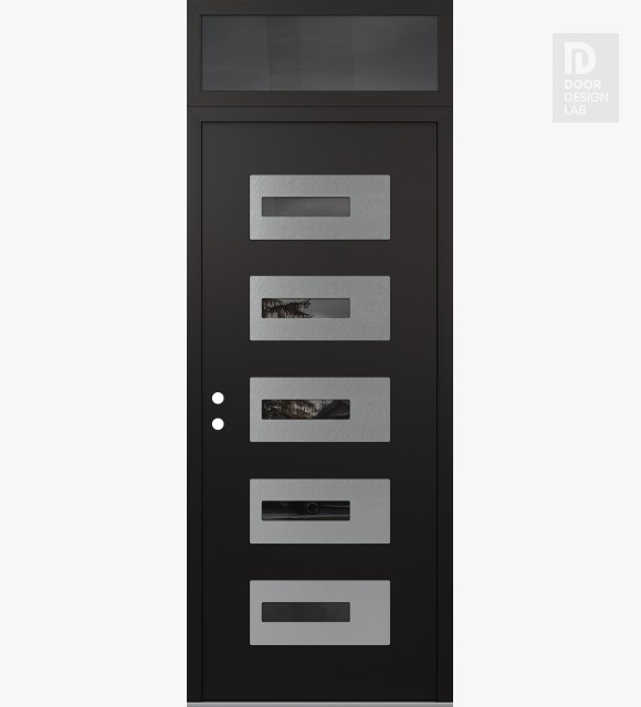 Modern Steel Front Door Diamond D6 36" x 96" black/black mirrored Glass Panel stainless steel RHI with Transom mirrored Glass