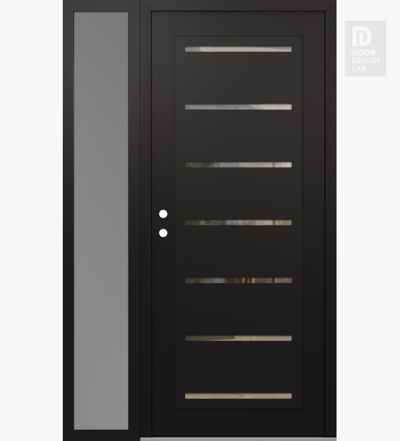 Modern Steel Front Door Diamond C11 52" x 80" black/black clear Glass Panel black RHI with Sidelite frosted Glass