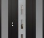 Modern Steel Front Door DIAMOND A7 68" X 96" BLACK/BLACK CLEAR GLASS PANEL STAINLESS STEEL RHI WITH 2 SIDELITES AND TRANSOM FROSTED GLASS