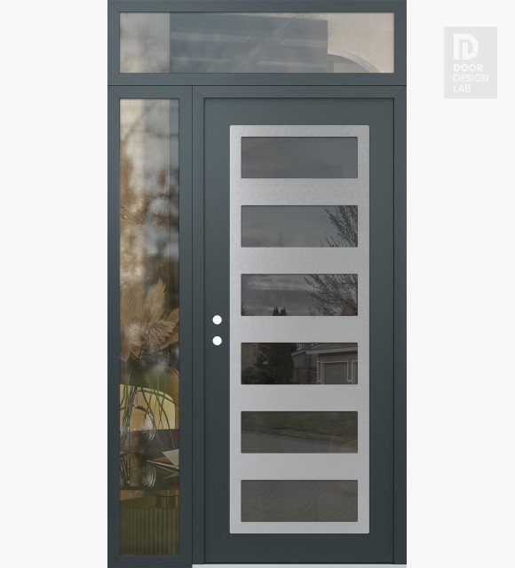 Modern Steel Front Door Diamond C9 52" x 96" anthracite/anthracite mirrored Glass Panel stainless steel RHI with Sidelite and Transom clear Glass
