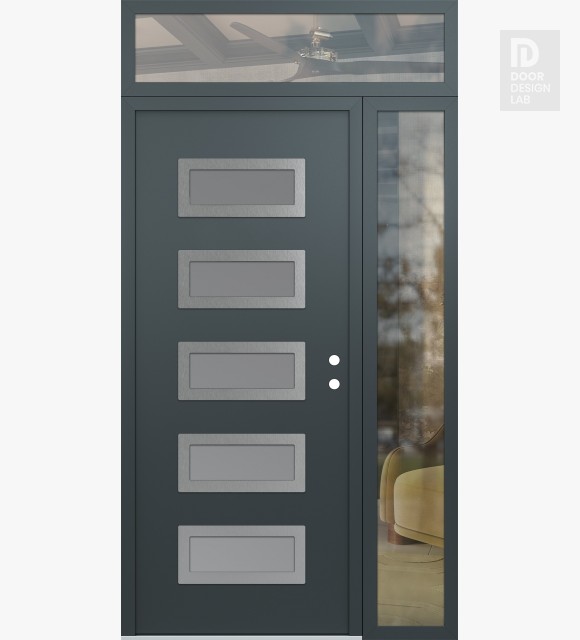 Modern Steel Front Door Diamond D1 48" x 96" anthracite/anthracite frosted Glass Panel stainless steel LHI with Sidelite and Transom clear Glass
