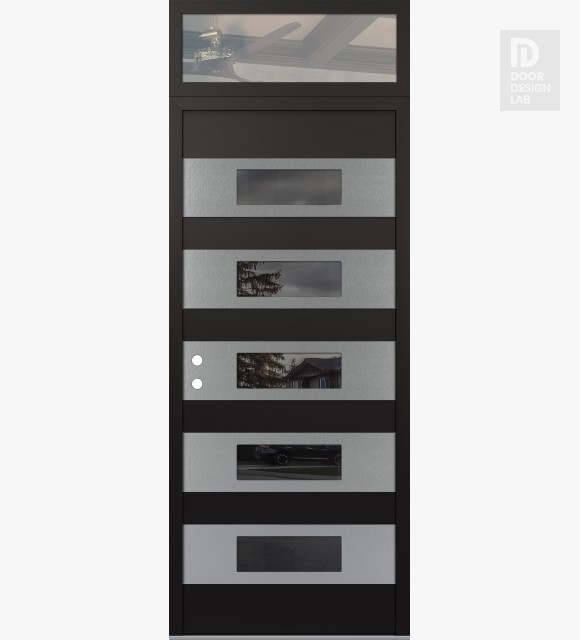 Modern Steel Front Door Diamond D5 36" x 96" black/black mirrored Glass Panel stainless steel RHI with Transom clear Glass