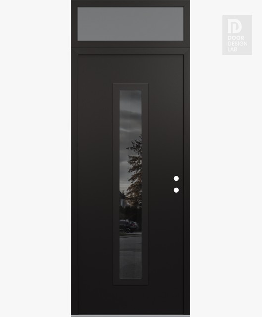 Modern Steel Front Door DIAMOND A11 36" X 96" BLACK/BLACK MIRRORED GLASS PANEL BLACK LHI WITH TRANSOM FROSTED GLASS