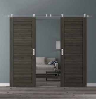 DOUBLE BARN DOOR LOUVER GRAY OAK 60" X 96" X 1 3/4" STAINLESS STEEL HARDWARE