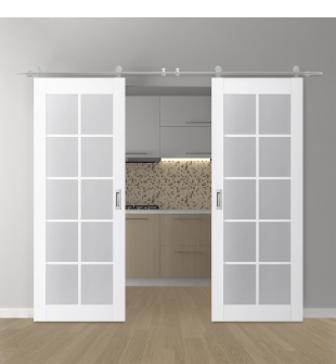 DOUBLE BARN DOOR PALLADIO 10 LITE VETRO BIANCO NOBLE 36" X 80" X 1 9/16" TEMPERED FROSTED GLASS STAINLESS STEEL HARDWARE