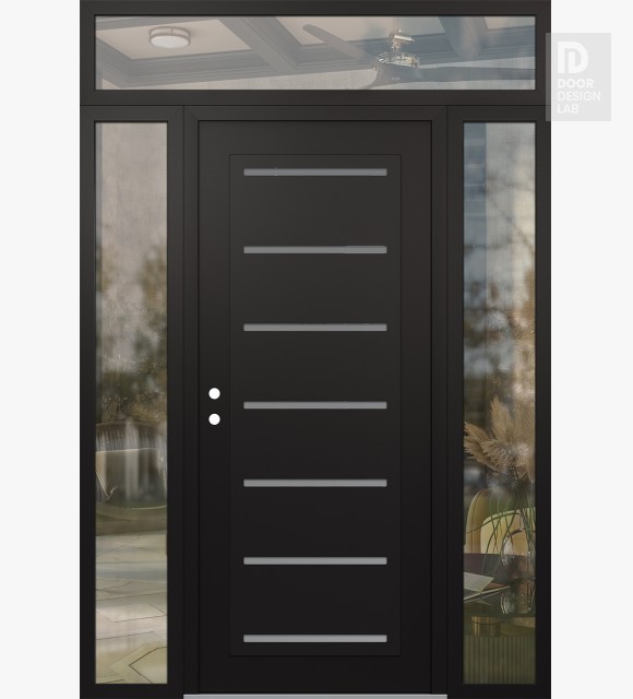 Modern Steel Front Door Diamond C11 64" x 96" black/white frosted Glass Panel black RHI with 2 Sidelites and Transom clear Glass