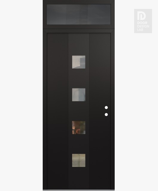 Modern Steel Front Door DIAMOND A12 36" X 96" BLACK/BLACK CLEAR GLASS PANEL BLACK LHI WITH TRANSOM MIRRORED GLASS