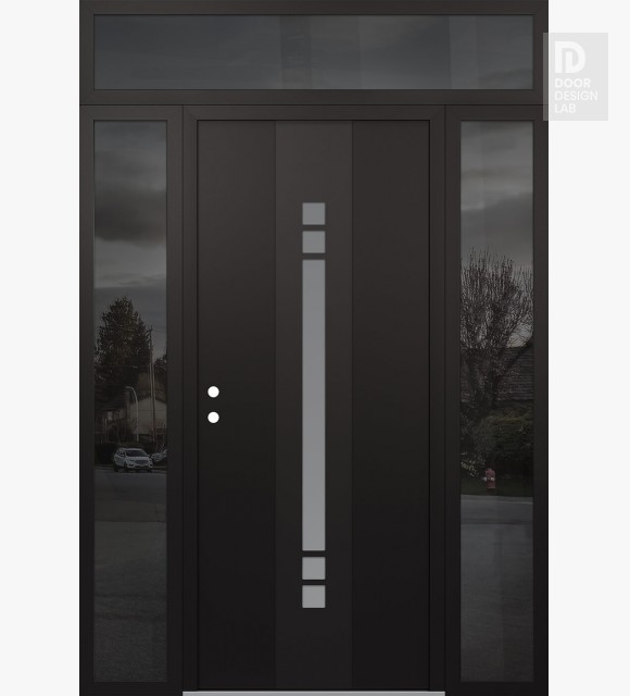 Modern Steel Front Door DIAMOND A4 60" X 96" BLACK/WHITE FROSTED GLASS PANEL BLACK RHI WITH 2 SIDELITES AND TRANSOM MIRRORED GLASS