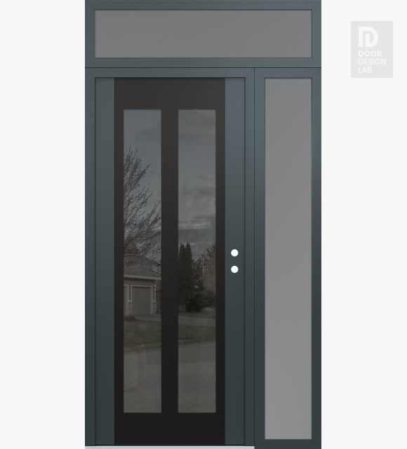 Modern Steel Front Door Diamond C14 48" x 96" anthracite/anthracite mirrored Glass Panel black LHI with Sidelite and Transom frosted Glass