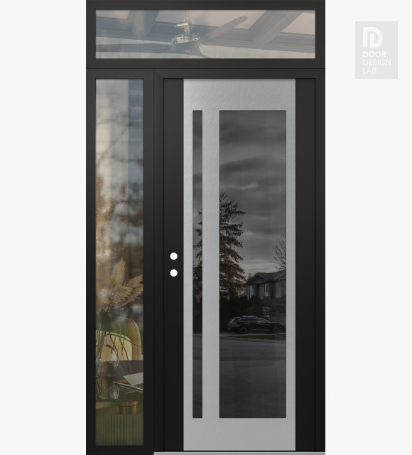 Modern Steel Front Door Diamond C15 48" x 96" black/black mirrored Glass Panel stainless steel RHI with Sidelite and Transom clear Glass