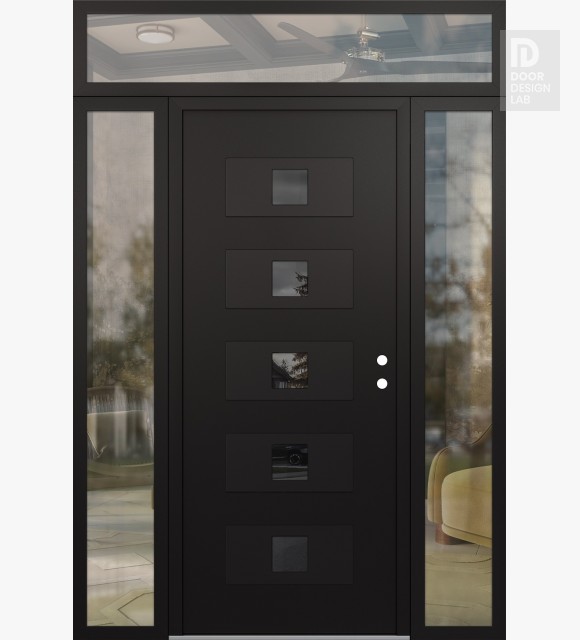 Modern Steel Front Door Diamond D8 68" x 96" black/black mirrored Glass Panel black LHI with 2 Sidelites and Transom clear Glass