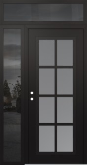 Diamond C16 50" x 96" black/white frosted Glass Panel black RHI with Sidelite and Transom mirrored Glass