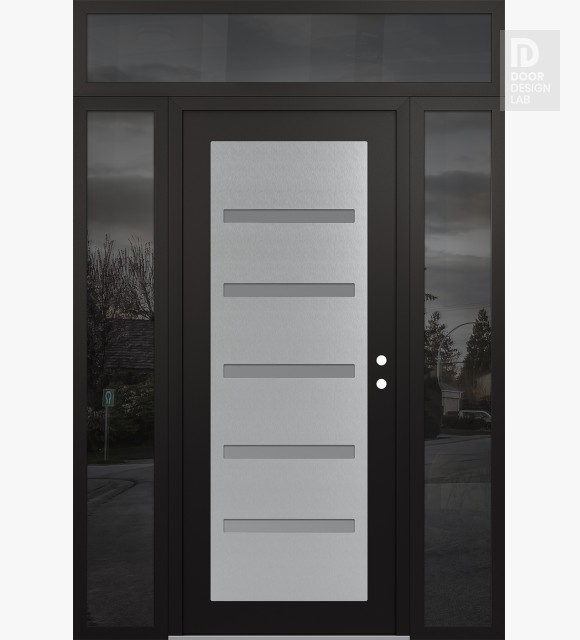 Modern Steel Front Door Diamond C7 68" x 96" black/white frosted Glass Panel stainless steel LHI with 2 Sidelites and Transom mirrored Glass