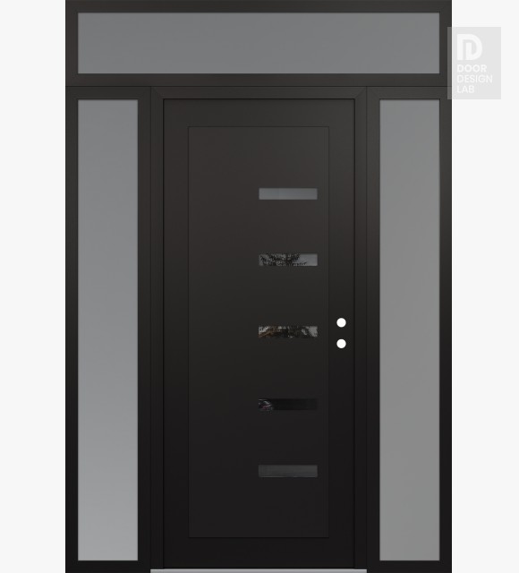 Modern Steel Front Door Diamond C8 60" x 96" black/black mirrored Glass Panel black LHI with 2 Sidelites and Transom frosted Glass