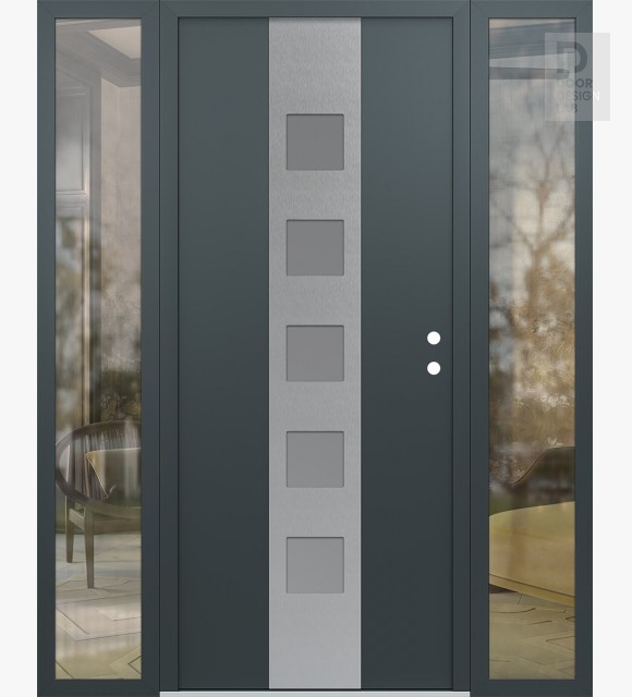 Modern Steel Front Door DIAMOND A13 64" X 80" ANTHRACITE/ANTHRACITE FROSTED GLASS PANEL STAINLESS STEEL LHI WITH 2 SIDELITES CLEAR GLASS