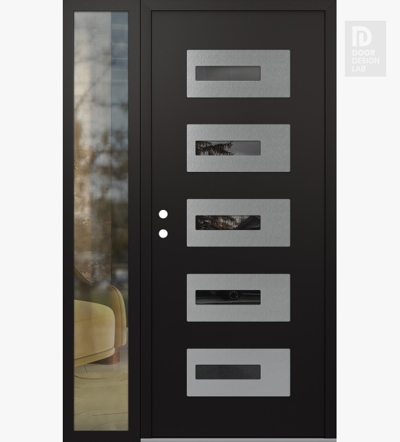 Modern Steel Front Door Diamond D6 50" x 80" black/black mirrored Glass Panel stainless steel RHI with Sidelite clear Glass