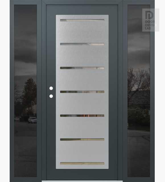 Modern Steel Front Door Diamond C11 60" x 80" anthracite/anthracite clear Glass Panel stainless steel RHI with 2 Sidelites mirrored Glass