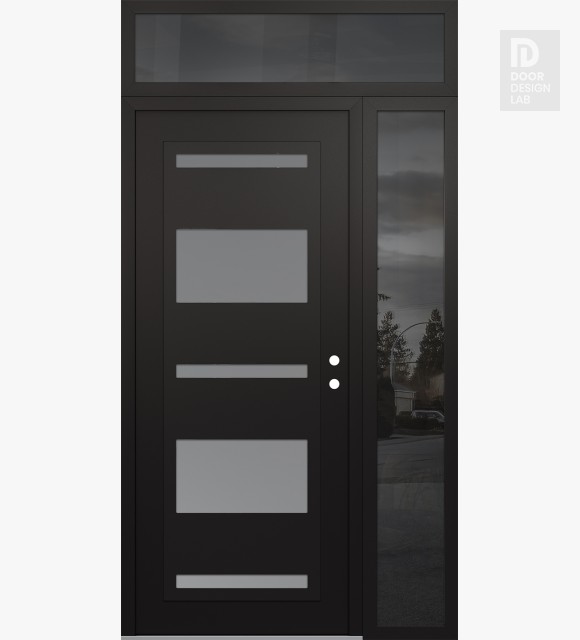 Modern Steel Front Door Diamond C10 52" x 96" black/white frosted Glass Panel black LHI with Sidelite and Transom mirrored Glass
