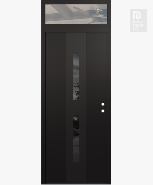 Modern Steel Front Door DIAMOND A6 36" X 96" BLACK/BLACK MIRRORED GLASS PANEL BLACK LHI WITH TRANSOM CLEAR GLASS