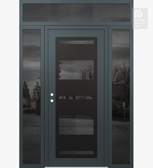 Modern Steel Front Door Diamond C10 68" x 96" anthracite/anthracite mirrored Glass Panel black RHI with 2 Sidelites and Transom mirrored Glass
