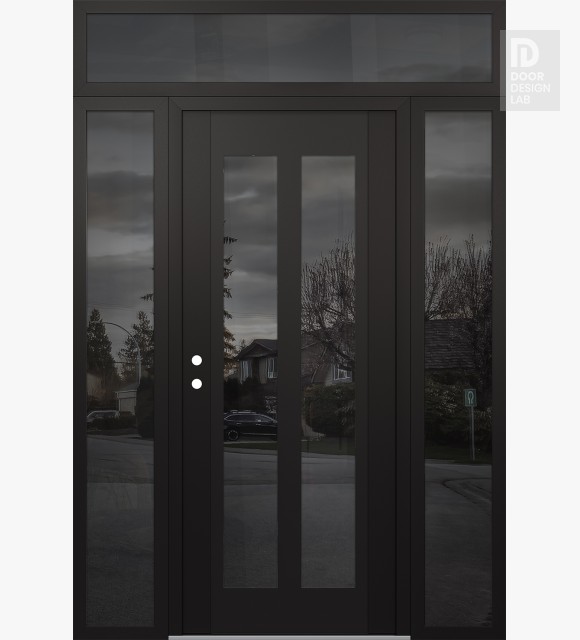 Modern Steel Front Door Diamond C14 68" x 96" black/black mirrored Glass Panel black RHI with 2 Sidelites and Transom mirrored Glass