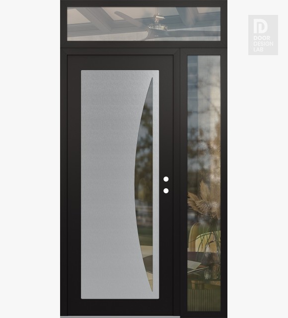 Modern Steel Front Door Diamond C13 50" x 96" black/black clear Glass Panel stainless steel LHI with Sidelite and Transom clear Glass